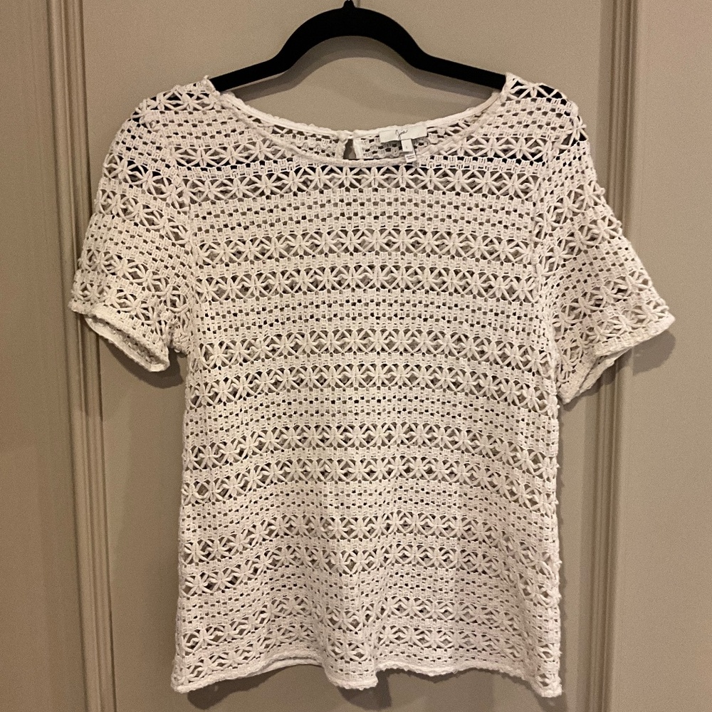Joie Crochet Cream Off-White Knit Top Blouse Crewneck Short Sleeve Size Large